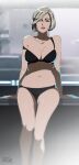  1girl artist_name black_bra black_panties blonde_hair bra breasts green_eyes highres karin_chakwas large_breasts lipstick makeup mass_effect_(series) mature_female navel panties r3dfive red_lips short_hair solo strap_slip thighs underwear underwear_only 