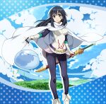  1girl 1other bangs black_eyes black_hair black_legwear black_sleeves blue_border border breasts cape cloud cloudy_sky commentary eyebrows_visible_through_hair gloves grass hand_on_sheath highres izawa_shizue large_breasts long_hair looking_at_viewer nyoro_(nyoronyoro000) official_style outside_border overskirt polka_dot_border purple_belt rimuru_tempest sheath sheathed shirt sky slime_(creature) smile standing sword tensei_shitara_slime_datta_ken weapon white_cape white_footwear white_gloves white_shirt 