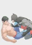  2boys abs artist_name bara batman batman_(series) belt black_cape black_gloves black_hair blue_pants blush bodysuit boots bruce_wayne cape clark_kent closed_mouth couple dc_comics evinist gloves grabbing grey_bodysuit groping highres large_pectorals looking_at_another male_focus mask multiple_boys muscular muscular_male navel nipples open_mouth pants pectoral_grab pectoral_press pectorals short_hair sitting smile superman superman_(series) topless_male yaoi 