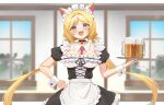  1girl aki_rosenthal alcohol alternate_costume animal_ears apron bangs beer beer_mug bell between_breasts black_choker blonde_hair breasts cat_ears choker cup detached_collar enmaided eyebrows_visible_through_hair frilled_apron frills hand_on_hip highres hololive long_hair looking_at_viewer low_twintails maid maid_headdress mug neck_bell necktie necktie_between_breasts open_mouth parted_bangs pink_necktie puffy_short_sleeves puffy_sleeves purple_eyes short_sleeves smile solo tray twin_(tt_lsh) twintails upper_body very_long_hair virtual_youtuber waist_apron white_apron window wrist_cuffs 