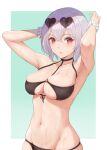  1girl absurdres aqua_background armpits arms_up azur_lane bangs bikini black_ribbon blush border breasts cleavage commentary_request cowboy_shot eyebrows_visible_through_hair eyewear_on_head front-tie_bikini front-tie_top highres kojo_(0124) large_breasts looking_at_viewer navel official_alternate_costume outside_border parted_lips pink-framed_eyewear red_eyes revision ribbon scrunchie short_hair silver_hair simple_background sirius_(azur_lane) sirius_(scorching-hot_seirios)_(azur_lane) skindentation solo stomach sunglasses swimsuit v-shaped_eyebrows wet white_border wrist_scrunchie 