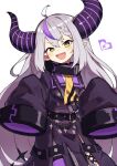  1girl :d absurdres ahoge black_horns blush braid commentary_request eyebrows_visible_through_hair fangs gazacy_(dai) grey_hair highres hololive horns la+_darknesss long_hair looking_at_viewer multicolored_hair pointy_ears purple_hair simple_background sleeves_past_fingers sleeves_past_wrists smile solo streaked_hair striped striped_horns very_long_hair virtual_youtuber white_background yellow_eyes 