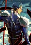  1boy armor beads blood blood_from_mouth blue_bodysuit blue_hair bodysuit cu_chulainn_(fate) cu_chulainn_(fate/stay_night) earrings fate/stay_night fate_(series) floating_hair from_behind gae_bolg_(fate) hair_beads hair_ornament heaven&#039;s_feel holding holding_polearm holding_weapon jewelry lacu_lain long_hair looking_back male_focus muscular muscular_male pauldrons polearm ponytail red_eyes shoulder_armor solo spiked_hair weapon 
