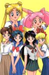  1990s_(style) 6+girls aino_minako arm_behind_head arm_up bangs bishoujo_senshi_sailor_moon black_eyes black_hair blonde_hair blue_eyes blue_hair blue_skirt bow brown_hair brown_skirt chibi_usa double_bun eyebrows_visible_through_hair feet_out_of_frame green_eyes hair_bobbles hair_ornament hand_on_another&#039;s_shoulder hand_on_own_chin high_ponytail hino_rei juuban_elementary_school_uniform juuban_middle_school_uniform kino_makoto kino_makoto&#039;s_school_uniform long_hair long_skirt looking_at_viewer medium_skirt mimicry miniskirt mizuno_ami multiple_girls official_art pink_hair pleated_skirt red_eyes retro_artstyle scan school_uniform shiba_koen_middle_school_uniform short_hair short_sleeves simple_background skirt smile ta_girls_school_uniform tongue tongue_out tsukino_usagi twintails v_arms yellow_background 