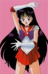  1990s_(style) 1girl :d arm_up bangs bishoujo_senshi_sailor_moon black_eyes black_hair bow choker cowboy_shot earrings elbow_gloves feet_out_of_frame gloves hino_rei jewelry leotard long_hair looking_at_viewer magical_girl miniskirt official_art open_mouth pink_background pleated_skirt purple_bow red_neckwear red_sailor_collar red_skirt retro_artstyle sailor_collar sailor_mars scan simple_background skirt smile solo standing star_(symbol) star_earrings tiara very_long_hair white_gloves 
