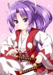  1girl bangs closed_mouth commentary_request eyebrows_visible_through_hair highres holding holding_sword holding_weapon japanese_clothes kataginu kimono long_hair looking_at_viewer meira_(touhou) multiple_swords pink_background ponytail purple_eyes purple_hair ruu_(tksymkw) samurai sarashi sheath smile solo sword touhou touhou_(pc-98) weapon white_kimono 