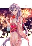  1girl :d bangs black_hair blue_eyes border candy_apple fireworks fish food fu_hua goldfish hair_between_eyes highres holding holding_food honkai_(series) honkai_impact_3rd japanese_clothes kimono long_hair long_sleeves looking_at_viewer nekoha_gc night night_sky open_mouth outdoors pink_kimono ponytail sky smile solo very_long_hair white_border 