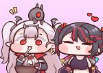  2girls :3 black_hair bowl bulga chibi closed_eyes crossover draculina_(last_origin) eating formica_(vtuber) heart last_origin multicolored_hair multiple_girls open_mouth pointy_ears red_eyes red_hair silver_hair streaked_hair twintails two_side_up virtual_anto_channel virtual_youtuber 