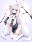  1girl absurdres armpits arms_up azur_lane branch breast_curtains breasts cherry_blossoms china_dress chinese_clothes comotaro dress eyebrows_visible_through_hair full_body garter_straps gloves grey_dress hair_between_eyes half_gloves highres huge_breasts kneeling light_purple_hair looking_at_viewer medium_hair no_panties official_alternate_costume pelvic_curtain red_eyes revealing_clothes ribbon_between_breasts sheer_clothes sirius_(azur_lane) sirius_(azure_horizons)_(azur_lane) skindentation sleeveless solo thighhighs white_gloves white_legwear 