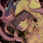  1boy bangs black_background blurry blurry_background brown_hair chari_(kkwt) closed_mouth dragon_poker expressionless hair_over_one_eye hand_up hastur_(dragon_poker) highres hood hood_up looking_at_viewer male_focus portrait red_background red_eyes shiny shiny_skin solo tentacles 