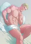  1boy abs arm_tattoo artist_name bara bed bed_sheet blonde_hair closed_mouth dream_daddy:_a_dad_dating_simulator evinist finger_to_mouth highres index_finger_raised joseph_christiansen large_pectorals looking_at_viewer lying male_focus mature_male muscular muscular_male naked_sheet navel nipples on_back on_bed pectorals pillow short_hair shushing smile solo tattoo thick_thighs thighs 