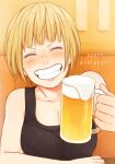  1girl alcohol arm_support beer beer_mug black_tank_top blonde_hair blush breasts cleavage closed_eyes collarbone commentary_request cup facing_viewer grin haikyuu!! happy_birthday holding holding_cup indoors large_breasts laugh_111 mug short_hair smile solo table tanaka_saeko_(haikyuu!!) tank_top teeth 
