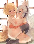  2girls ahegao akahaneko animal_ear_fluff animal_ears aqua_eyes bangs black_legwear blonde_hair blush breast_press breasts commission eyebrows_visible_through_hair fox_ears fox_tail hair_between_eyes hair_ornament hairclip hairpin long_hair looking_at_another looking_at_viewer medium_breasts multiple_girls multiple_tails naked_shirt nipple-to-nipple nipples nude open_clothes open_mouth open_shirt orange_shirt original pussy_juice red_eyes shirt short_hair silver_hair sitting skeb_commission socks spread_legs sweat symmetrical_docking tail thighhighs tribadism yuri 