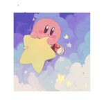  bandaid blue_background blush_stickers border cloud commentary flying full_body higa423 kirby kirby_(series) red_footwear shoes sneakers solo star_(symbol) warp_star white_border 