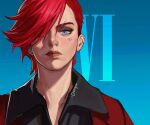  arcane:_league_of_legends bangs black_shirt blue_eyes character_name closed_mouth collared_shirt earrings green_background jacket jewelry league_of_legends na_yeon nose_piercing piercing red_hair red_jacket shirt short_hair solo swept_bangs upper_body vi_(league_of_legends) 