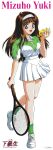  1990s_(style) 1girl absurdres artist_name ball bangs brown_hair copyright full_body green_legwear hairband highres holding holding_ball holding_racket kadoi_aya kakyuusei logo long_hair miniskirt official_art open_mouth pleated_skirt racket red_eyes retro_artstyle shirt_tucked_in shoes short_sleeves simple_background skirt sneakers solo sportswear tennis tennis_ball tennis_racket tennis_uniform white_background white_footwear yuuki_mizuho 