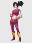  1girl abs bangs beige_background black_eyes black_footwear black_hair boots breasts clenched_hands closed_mouth crop_top dragon_ball dragon_ball_super earrings frown groin hands_on_hips high_ponytail jewelry kefla_(dragon_ball) kemachiku knee_boots large_breasts leggings looking_afar midriff muscular muscular_female potara_earrings serious simple_background solo spiked_hair toned tsurime v-shaped_eyebrows 