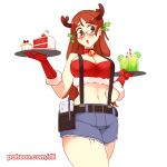  1girl :o alternate_costume antlers bare_shoulders bell belt blush breasts brown_hair cake cake_slice choker commentary cowboy_shot crop_top cutoffs drinking_straw english_commentary fake_antlers food freckles fur-trimmed_gloves fur_trim glasses gloves green_eyes hair_ornament holding holding_tray holly_hair_ornament jingle_bell katawa_shoujo large_breasts long_hair looking_at_viewer midriff neck_bell open_mouth patreon_username pen red_choker red_gloves rtil shirakawa_yuuko shorts simple_background solo suspender_shorts suspenders tray white_background 