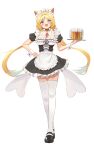  1girl absurdres aki_rosenthal alcohol alternate_costume animal_ears apron bangs beer beer_mug bell between_breasts black_choker black_footwear blonde_hair breasts cat_ears choker cup detached_collar enmaided eyebrows_visible_through_hair frilled_apron frills full_body hand_on_hip highres hololive long_hair looking_at_viewer low_twintails maid maid_headdress mug neck_bell necktie necktie_between_breasts open_mouth parted_bangs pink_necktie puffy_short_sleeves puffy_sleeves purple_eyes short_sleeves simple_background smile solo standing thighhighs tray twin_(tt_lsh) twintails very_long_hair virtual_youtuber waist_apron white_apron white_background white_legwear wrist_cuffs zettai_ryouiki 