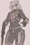  1girl alternate_costume animal_ears assault_rifle bullpup frown grey_eyes grey_hair gun hair_ornament hairclip halo_(series) halo_infinite highres holding holding_gun holding_weapon hololive lion_ears lion_girl ma5 multicolored_hair power_armor power_suit rifle shishiro_botan short_hair simple_background sketch solo spartan_(halo) standing streaked_hair virtual_youtuber weapon zhvo 