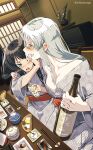  2girls age_difference anime_coloring black_hair blush bottle breasts chopsticks cleavage collarbone drunk food grin holding holding_bottle ichimi_renge japanese_clothes long_hair looking_at_another multiple_girls off_shoulder one_eye_closed open_mouth original ryokan sake_bottle smile white_hair wide_sleeves yuri 