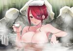  1girl afloat bathing blue_eyes bottle braid breasts collarbone commentary_request completely_nude cup eyebrows_visible_through_hair eyelashes eyes_visible_through_hair hair_over_one_eye hand_up highres holding holding_cup large_breasts looking_at_viewer nude onsen open_mouth original partially_submerged red_hair rock sakayama_shinta sake_bottle solo steam textless towel towel_on_head water wet 