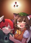  3girls :3 absurdres animal_ear_fluff animal_ears blush bow braid brown_hair cat_ears cat_tail chen dress ear_piercing extra_ears fang friends gradient gradient_background green_dress green_headwear hakurei_reimu height_difference highres kaenbyou_rin multiple_girls multiple_tails nekomata one_eye_closed open_mouth piercing playing pointy_ears purupurutamago45 red_hair short_hair simple_background slit_pupils tail touhou twin_braids two_tails yellow_eyes 