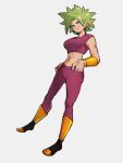  1girl abs aqua_eyes arms_at_sides bangs boots breasts crop_top dragon_ball dragon_ball_super earrings full_body green_hair grey_background grin half-closed_eyes hands_on_hips jewelry kefla_(dragon_ball) kemachiku knee_boots large_breasts leggings legs_apart long_hair looking_at_viewer midriff parted_bangs potara_earrings shiny shiny_hair simple_background smile solo spiked_hair super_saiyan toned very_long_hair 