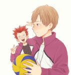  2boys :3 ball bangs black_shirt blunt_bangs blurry brown_eyes brown_hair closed_mouth commentary_request double_v haikyuu!! holding holding_ball jacket laugh_111 male_focus multiple_boys open_clothes open_jacket red_hair shirabu_kenjirou shirt short_hair sportswear tendou_satori v volleyball white_shirt 