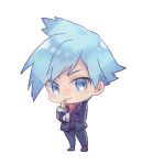  1boy blue_eyes blue_hair blush chibi closed_mouth commentary full_body jacket long_sleeves male_focus namiri necktie pants pokemon pokemon_(game) pokemon_oras red_necktie shoes short_hair smile solo standing steven_stone thinking 