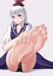  1girl absurdres barefoot blush cameltoe collarbone commentary_request feet foot_focus foreshortening greek_toe grey_background hat highres kamishirasawa_keine long_hair looking_at_viewer nose_blush oirin red_eyes silver_hair simple_background soles solo toes touhou 