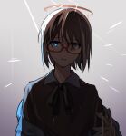  1girl black_ribbon blue_eyes brown_eyes brown_hair collared_shirt eyebrows_visible_through_hair glasses gradient gradient_background grey_background halo heterochromia kamikoshi_sorawo looking_at_viewer off_shoulder ribbon semi-rimless_eyewear shirt short_hair solo sparkle under-rim_eyewear upper_body urasekai_picnic yabooo_2000 