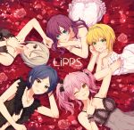  5girls :d ;o alpha_(yukai_na_nakamatachi) babydoll black_dress blonde_hair blue_eyes blush bow bracelet breasts circle_formation cleavage commentary_request dress flower group_name hair_bow hand_on_own_cheek hand_on_own_face hayami_kanade head_rest heart heart_necklace highres ichinose_shiki idolmaster idolmaster_cinderella_girls jewelry jougasaki_mika lingerie lipps_(idolmaster) medium_breasts miyamoto_frederica multiple_girls necklace negligee nightgown one_eye_closed open_mouth panties pearl_bracelet pearl_necklace petals pink_hair rose rose_petals see-through shiomi_syuko short_hair smile underboob underwear underwear_only white_dress yellow_eyes 