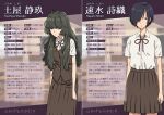  2girls beige_background brown_vest character_name character_profile character_sheet commentary_request covered_eyes english_text hair_over_eyes hayami_shiori jimiko jitome long_hair long_skirt multiple_girls neck_ribbon nerdy_girl&#039;s_story red_neckwear ribbon shirt_tucked_in short_hair skirt tall_female tented_shirt text_focus translated tsuchiya_shizuku urin vest 