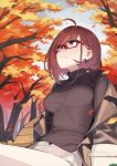  1girl 92m absurdres ahoge autumn autumn_leaves bangs bench blush breasts brown_jacket brown_sweater commentary_request eyebrows_visible_through_hair highres jacket large_breasts long_hair looking_up medium_hair off_shoulder original outdoors red-framed_eyewear sitting smile solo sweater 