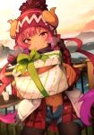  1girl blush bobblehat box breasts cup dragon_horns english_commentary eyebrows_visible_through_hair fang gift gift_box giving hat highres holding holding_gift horns horns_through_headwear huge_breasts ilulu_(maidragon) incoming_gift jacket khyle. kobayashi-san_chi_no_maidragon legwear_under_shorts long_hair looking_at_viewer mountainous_horizon navel outdoors pantyhose plaid plaid_shirt railing red_eyes red_hair ribbon shirt shorts smile solo sunset table twintails unbuttoned_shorts 