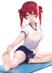  1girl absurdres alternate_costume barefoot blue_shorts blush breasts cleavage collarbone fangs feet gym_uniform heterochromia highres hololive houshou_marine legs long_hair looking_at_viewer open_mouth raised_eyebrows red_eyes red_hair shirt shorts sido_(ama_r007) sitting soles solo stretch t-shirt thighs toes twintails virtual_youtuber white_shirt yellow_eyes yoga_mat 