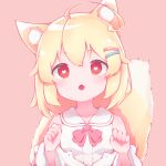 1girl absurdres ahoge animal_ear_fluff animal_ears bangs blonde_hair borrowed_character bow dress dress_bow eyebrows_visible_through_hair fang fox_ears fox_tail hair_between_eyes heart heart-shaped_pupils highres looking_at_viewer medium_hair monochrome_background open_mouth original paw_pose pink_background red_eyes shiomikaze simple_background solo symbol-shaped_pupils tail upper_body white_dress 