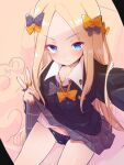  1girl abigail_williams_(fate) bangs black_bow black_bowtie black_panties black_sweater blonde_hair blue_eyes blush bow bow_panties bowtie caburi cardigan clothes_lift commentary_request fate/grand_order fate_(series) forehead grey_skirt highres lifted_by_self long_hair long_sleeves looking_at_viewer orange_bow orange_bowtie panties parted_bangs plaid plaid_skirt pleated_skirt polka_dot polka_dot_bow reaching_out selfie sitting skirt skirt_lift skull_print smile solo stuffed_animal stuffed_toy sweater teddy_bear thighs underwear v 