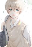  1boy absurdres aqua_eyes bag blonde_hair collared_shirt eyebrows_visible_through_hair green_eyes highres lens_flare long_sleeves looking_at_viewer male_focus mochita_sei open_mouth original shirt short_hair smile solo sweater upper_body 