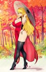  1girl autumn bangs bare_shoulders black_legwear blonde_hair breasts cleavage commentary commission covered_navel dress eyebrows_visible_through_hair full_body hair_between_eyes hand_in_hair highres holding holding_umbrella huge_breasts long_hair mole mole_on_breast original outdoors red_dress red_eyes skin_tight smile solo standing thighhighs thighs tree umbrella zcune 