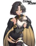  1girl absurdres bangom_r bare_shoulders black_hair black_leotard black_survival blush breasts cape cleavage commission cowboy_shot eternal_return:_black_survival eyebrows_visible_through_hair highres large_breasts leotard open_mouth rozzi_(black_survival) short_hair simple_background solo thighhighs torn_clothes torn_leotard white_background yellow_eyes 