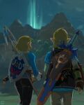  1boy 1girl ass black_cape blue_tunic braid cape commentary crown_braid day english_commentary fingerless_gloves gloves highres hylian_shield john_crayton link master_sword mountainous_horizon night outdoors pants pointy_ears polearm princess_zelda scabbard sheath sheathed sheikah_slate shield short_hair short_ponytail sidelocks spear sword sword_behind_back the_legend_of_zelda the_legend_of_zelda:_breath_of_the_wild the_legend_of_zelda:_breath_of_the_wild_2 tight tight_pants tunic weapon weapon_on_back 
