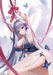  1girl animal_ear_fluff animal_ears armpits arms_up ass azur_lane bare_shoulders blue_butterfly blue_dress blue_eyes bound bound_wrists breasts bug butterfly center_opening dress evening_gown fox_ears fox_girl halter_dress halterneck highres huge_breasts kitsune kyuubi large_tail long_hair looking_at_viewer multiple_tails official_alternate_costume panties purple_eyes red_ribbon ribbon shinano_(azur_lane) shinano_(dreams_of_the_hazy_moon)_(azur_lane) suencaidi2008 tail underwear very_long_hair white_panties white_tail 