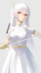  1girl artist_name commentary dated_commentary dress eyebrows_visible_through_hair grey_background holding holding_sword holding_weapon long_hair looking_at_viewer original parted_lips red_eyes short_sleeves simple_background skeptycally solo sword weapon white_dress white_hair 