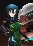  1girl bangs blue_hair bodysuit breasts covered_navel fortified_suit glasses hair_bun head_tilt highres hiwa_industry komaki_sayoko looking_at_viewer medium_breasts muvluv muvluv_alternative muvluv_unlimited:_the_day_after open_hands parted_bangs pilot_suit science_fiction skin_tight solo tactical_surface_fighter type_94_shiranui v-shaped_eyebrows visor 