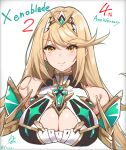  1girl absurdres armor armpits blonde_hair blush breasts cleavage cleavage_cutout clothing_cutout dress earrings elbow_gloves gloves highres jewelry large_breasts long_hair looking_at_viewer mythra_(xenoblade) raiou solo tiara white_dress white_gloves xenoblade_chronicles_(series) xenoblade_chronicles_2 yellow_eyes 