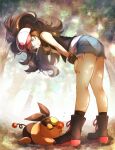  1girl baseball_cap bent_over black_footwear black_legwear black_vest blue_eyes blue_shorts boots brown_hair closed_eyes closed_mouth commentary denim denim_shorts drooling hat highres hilda_(pokemon) long_hair looking_at_another outdoors poke_ball_print pokemon pokemon_(creature) pokemon_(game) pokemon_bw ponytail saliva shirt short_shorts shorts sleeping sleeveless sleeveless_shirt socks tepig twitter_username vest white_headwear white_shirt wristband yomogi_(black-elf) 