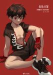  1boy black_footwear black_shorts closed_mouth commentary gloves hair_between_eyes highres kemono_jihen kusaka_kabane large_pectorals male_focus mosi_l pectorals red_background red_eyes shorts simple_background unzipped 