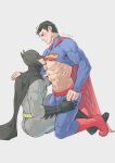  2boys abs artist_name bara batman batman_(series) belt black_cape black_gloves black_hair blue_bodysuit blush bodysuit boots bruce_wayne cape clark_kent closed_mouth clothes_lift clothes_pull couple dc_comics evinist gloves grey_bodysuit highres large_pectorals looking_at_another male_focus mask multiple_boys muscular muscular_male navel nipples on_person open_mouth pectorals short_hair sitting sitting_on_person smile superman superman_(series) yaoi 